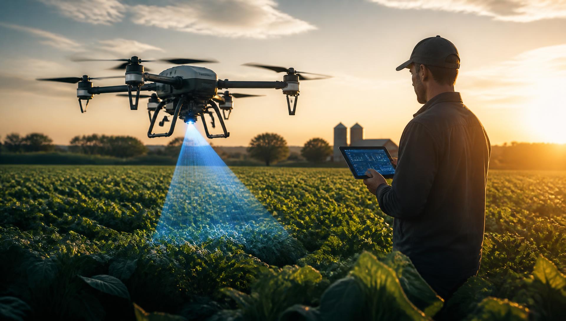 Agricultural drone scanning crops with a blue laser at sunrise while a farmer reviews data on a tablet