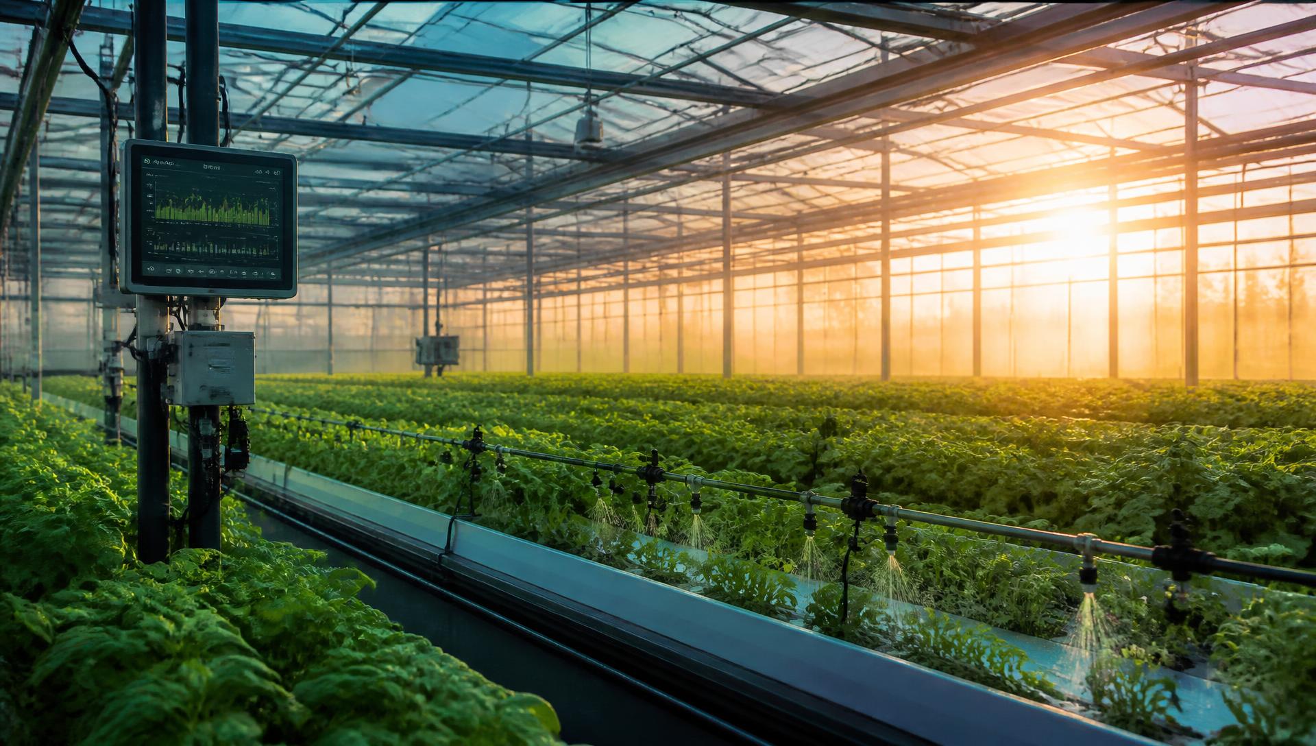 Modern automated greenhouse with sensors and irrigation lines at sunrise
